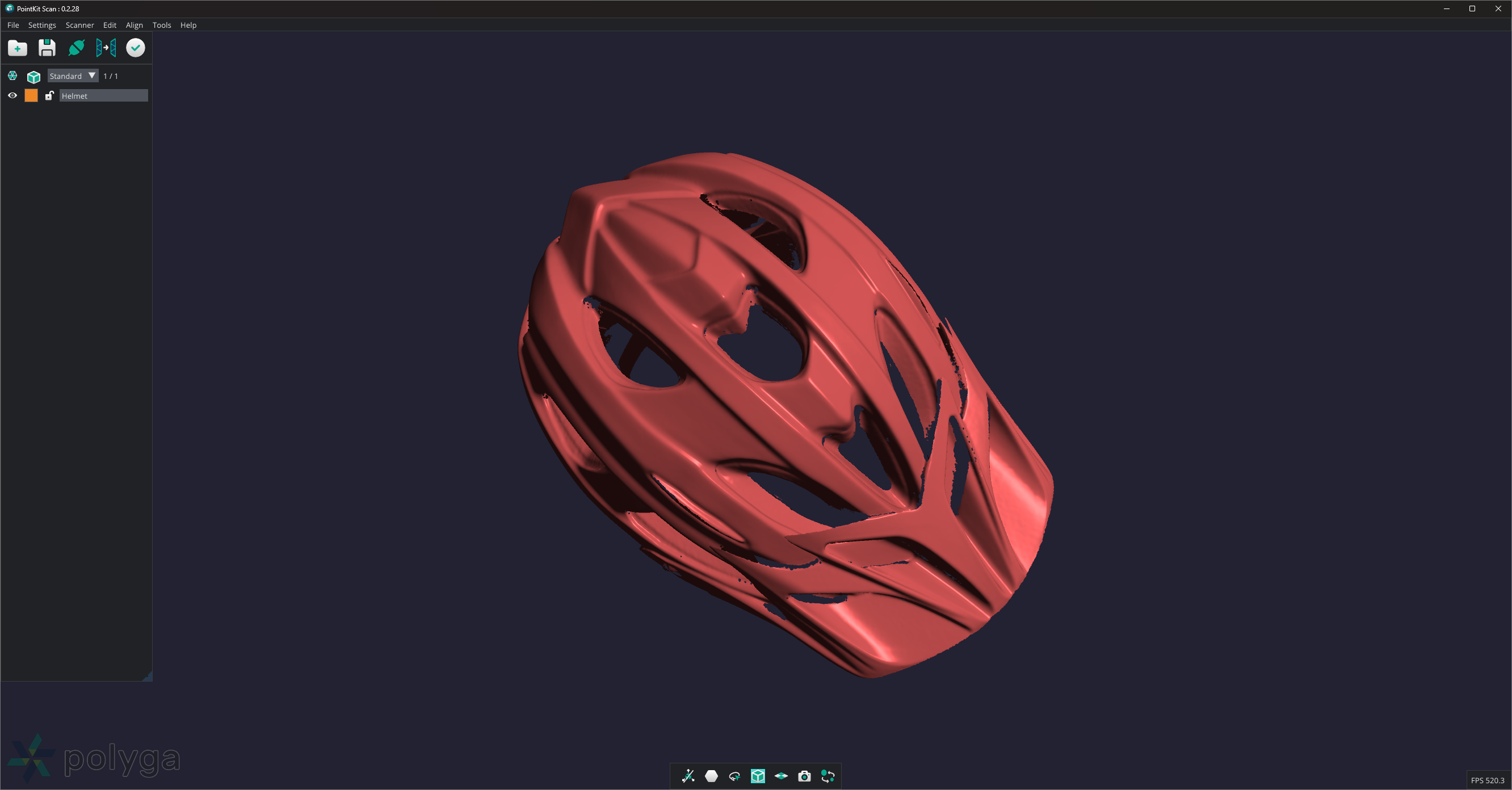 The reverse engineered helmet and 3D scan aligned and processed in PointKit Scan app